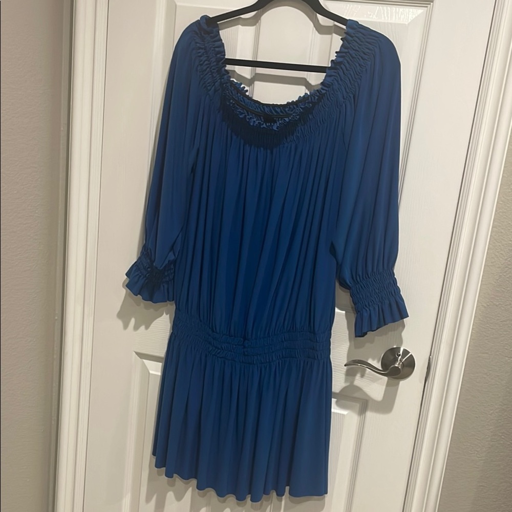 Norma Kamali Blue Sundress with 3/4 Bishop Sleeves and Scoop Neck